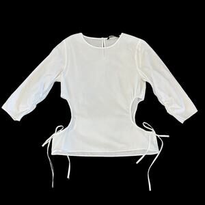 ZARA White Cotton Side Cut Out Ruched Sleeve Poplin Top Blouse Size Medium NWOT